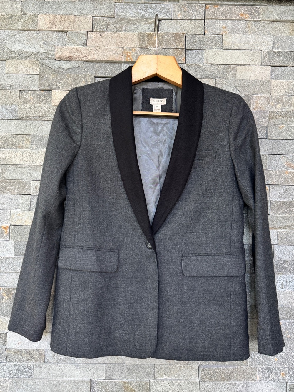 J.Crew Gray Wool Blend Tuxedo Blazer Black Shawl Collar Jacket Size 2